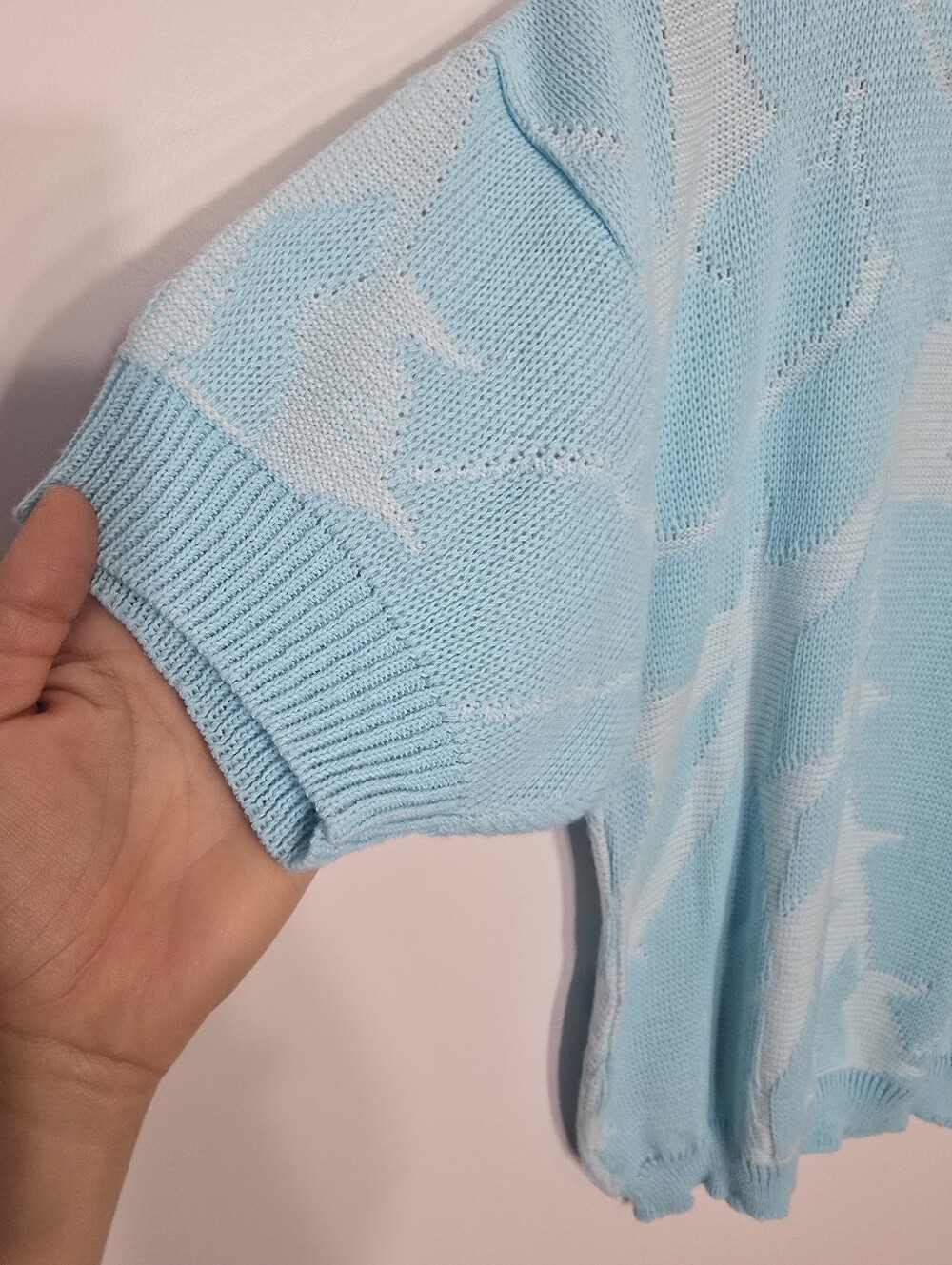 Vintage Tree-KO Blue Retro Knitted Short Sleeve Pull Over Sweater Made In Canada - Picture 9 of 12
